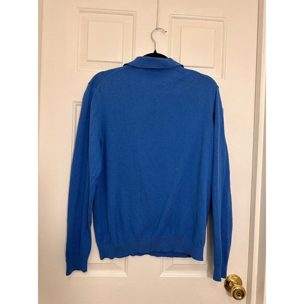 Silk Cotton Cashmere Blend Polo Sweater Blue Long Sleeve Mens Medium